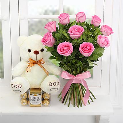 Pink Roses N Teddy With Chocolates